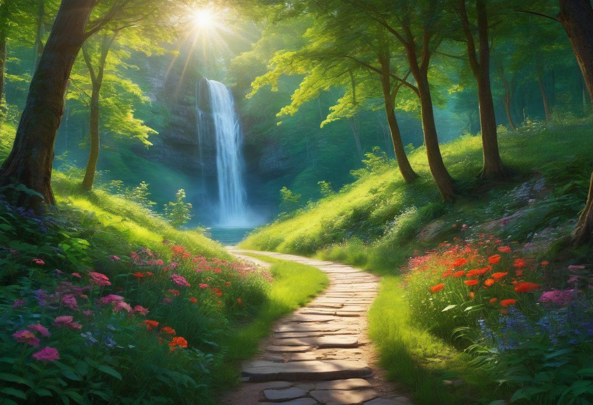 A serene landscape depicting a winding path through a lush green forest, symbolizing the journey of life, with vibrant flowers blooming along the sides. Sunlight filters through the trees, creating a warm and inviting atmosphere, meanwhile a figure walks contentedly along the path, radiating joy. In the background, a gentle waterfall adds a sense of tranquility. super-realistic. vibrant colors. ethereal light.
