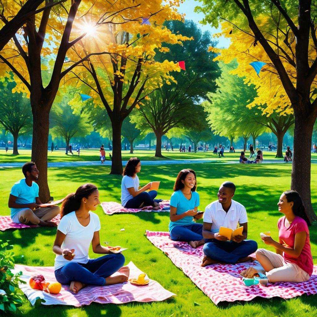 Create a sunlit park scene filled with diverse people laughing and engaging in various joyful activities, such as picnicking, playing with dogs, and flying kites. Incorporate vibrant flowers and trees in full bloom, symbolizing growth and positivity, with rays of sunlight filtering through the leaves. The atmosphere should exude a sense of community and happiness, inviting viewers to embrace joy. super-realistic. vibrant colors. soft focus.